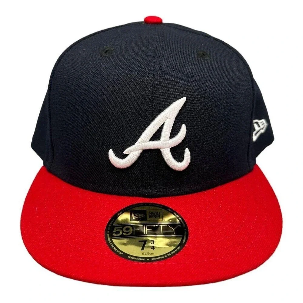 New Era 59Fifty Atlanta Braves Navy Blue Red Fitted Hat Men's Sz 7-3/4 NEW